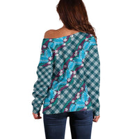 Polynesian Monstera Tiare Floral Off Shoulder Sweater Dark Teal Tropical Plaid LT01 - Polynesian Pride