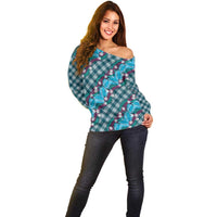 Polynesian Monstera Tiare Floral Off Shoulder Sweater Dark Teal Tropical Plaid LT01 - Polynesian Pride