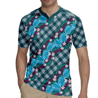 Polynesian Monstera Tiare Floral Rugby Jersey Dark Teal Tropical Plaid LT01 - Polynesian Pride