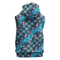 Polynesian Monstera Tiare Floral Sleeveless Hoodie Dark Teal Tropical Plaid - Polynesian Pride