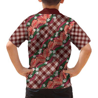 Polynesian Monstera Tiare Floral Family Matching Long Sleeve Bodycon Dress and Hawaiian Shirt Burgundy Tropical Plaid - Polynesian Pride