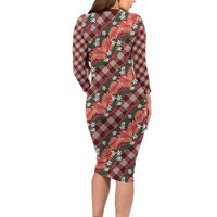 Polynesian Monstera Tiare Floral Family Matching Long Sleeve Bodycon Dress and Hawaiian Shirt Burgundy Tropical Plaid - Polynesian Pride