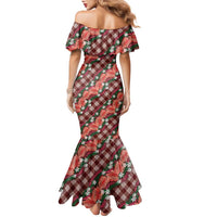 Polynesian Monstera Tiare Floral Family Matching Mermaid Dress and Hawaiian Shirt Burgundy Tropical Plaid - Polynesian Pride