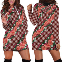 Polynesian Monstera Tiare Floral Hoodie Dress Burgundy Tropical Plaid LT01 - Polynesian Pride