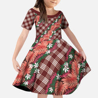 Polynesian Monstera Tiare Floral Kid Short Sleeve Dress Burgundy Tropical Plaid - Polynesian Pride