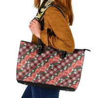 Polynesian Monstera Tiare Floral Leather Tote Bag Burgundy Tropical Plaid LT01 Red - Polynesian Pride