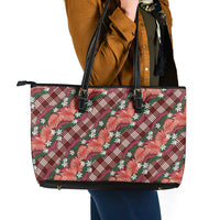 Polynesian Monstera Tiare Floral Leather Tote Bag Burgundy Tropical Plaid LT01 - Polynesian Pride