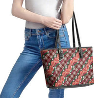 Polynesian Monstera Tiare Floral Leather Tote Bag Burgundy Tropical Plaid LT01 - Polynesian Pride