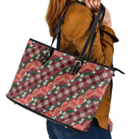 Polynesian Monstera Tiare Floral Leather Tote Bag Burgundy Tropical Plaid LT01 - Polynesian Pride