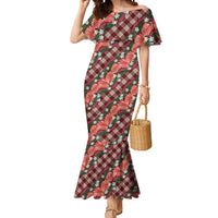 Polynesian Monstera Tiare Floral Mermaid Dress Burgundy Tropical Plaid LT01 Women Red - Polynesian Pride
