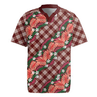 Polynesian Monstera Tiare Floral Rugby Jersey Burgundy Tropical Plaid LT01 Red - Polynesian Pride
