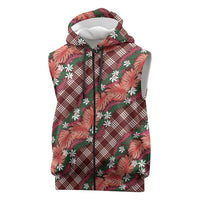 Polynesian Monstera Tiare Floral Sleeveless Zip Hoodie Burgundy Tropical Plaid LT01 Red - Polynesian Pride