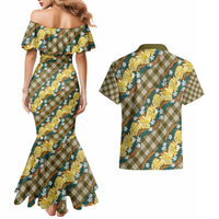 Polynesian Monstera Tiare Floral Couples Matching Mermaid Dress and Hawaiian Shirt Yellow Tropical Plaid LT01 - Polynesian Pride