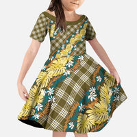 Polynesian Monstera Tiare Floral Family Matching Puletasi and Hawaiian Shirt Yellow Tropical Plaid - Polynesian Pride