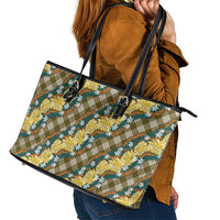 Polynesian Monstera Tiare Floral Leather Tote Bag Yellow Tropical Plaid LT01 - Polynesian Pride