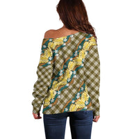 Polynesian Monstera Tiare Floral Off Shoulder Sweater Yellow Tropical Plaid LT01 - Polynesian Pride