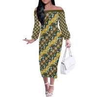 Polynesian Monstera Tiare Floral Off The Shoulder Long Sleeve Dress Yellow Tropical Plaid LT01 Women Yellow - Polynesian Pride