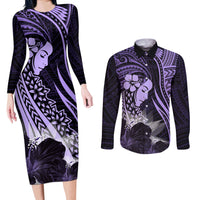 Polynesian Women Day 2024 Couples Matching Long Sleeve Bodycon Dress and Long Sleeve Button Shirt Hibiscus Girl Tribal LT01 Purple - Polynesian Pride