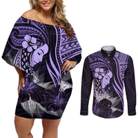 Polynesian Women Day 2024 Couples Matching Off Shoulder Short Dress and Long Sleeve Button Shirt Hibiscus Girl Tribal LT01 Purple - Polynesian Pride