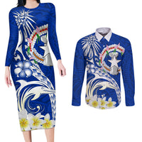 Northern Mariana Islands Commonwealth Day 2024 Couples Matching Long Sleeve Bodycon Dress and Long Sleeve Button Shirt Dolphin With Plumeria Flower LT01 Blue - Polynesian Pride