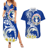 Northern Mariana Islands Commonwealth Day 2024 Couples Matching Summer Maxi Dress and Hawaiian Shirt Dolphin With Plumeria Flower LT01 Blue - Polynesian Pride