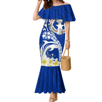 Northern Mariana Islands Commonwealth Day 2024 Family Matching Mermaid Dress and Hawaiian Shirt Dolphin With Plumeria Flower LT01 Mom's Dress Blue - Polynesian Pride