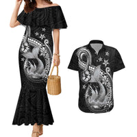 Hawaii Mermaid Monotone Couples Matching Mermaid Dress and Hawaiian Shirt Polynesian Pattern Fish Hook
