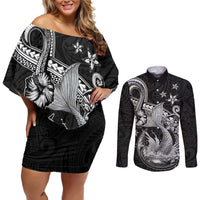Hawaii Mermaid Monotone Couples Matching Off Shoulder Short Dress and Long Sleeve Button Shirt Polynesian Pattern Fish Hook LT01 Black - Polynesian Pride