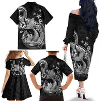Hawaii Mermaid Monotone Family Matching Off The Shoulder Long Sleeve Dress and Hawaiian Shirt Polynesian Pattern Fish Hook