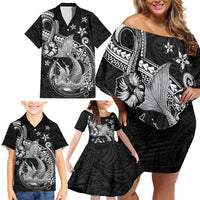 Hawaii Mermaid Monotone Family Matching Off Shoulder Short Dress and Hawaiian Shirt Polynesian Pattern Fish Hook