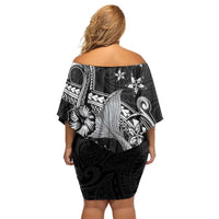 Hawaii Mermaid Monotone Family Matching Off Shoulder Short Dress and Hawaiian Shirt Polynesian Pattern Fish Hook