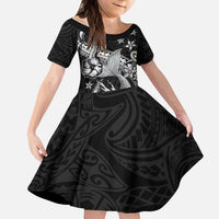 Hawaii Mermaid Monotone Kid Short Sleeve Dress Polynesian Pattern Fish Hook