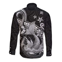 Hawaii Mermaid Monotone Long Sleeve Button Shirt Polynesian Pattern Fish Hook