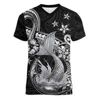 Hawaii Mermaid Monotone Women V-Neck T-Shirt Polynesian Pattern Fish Hook