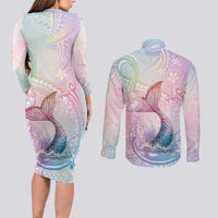 Hawaii Mermaid Sweet Pastel Couples Matching Long Sleeve Bodycon Dress and Long Sleeve Button Shirt Polynesian Pattern Fish Hook LT01 - Polynesian Pride