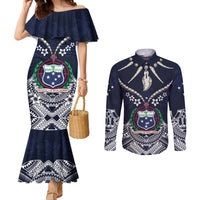 Samoa Independence Day Couples Matching Mermaid Dress and Long Sleeve Button Shirt Ula Nifo Mix Turtle LT01 Blue - Polynesian Pride