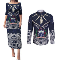 Samoa Independence Day Couples Matching Puletasi and Long Sleeve Button Shirt Ula Nifo Mix Turtle LT01 Blue - Polynesian Pride