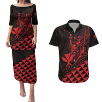 Personalized King Kamehameha Day Couples Matching Puletasi and Hawaiian Shirt Kakau Polynesian Pattern LT01 Red - Polynesian Pride