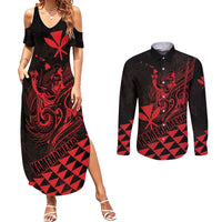 Personalized King Kamehameha Day Couples Matching Summer Maxi Dress and Long Sleeve Button Shirt Kakau Polynesian Pattern LT01 Red - Polynesian Pride