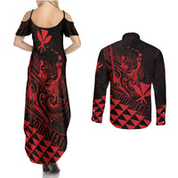 Personalized King Kamehameha Day Couples Matching Summer Maxi Dress and Long Sleeve Button Shirt Kakau Polynesian Pattern