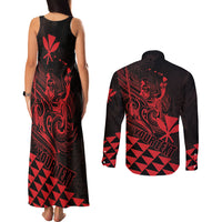 Personalized King Kamehameha Day Couples Matching Tank Maxi Dress and Long Sleeve Button Shirt Kakau Polynesian Pattern