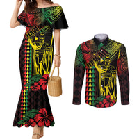 King Kamehameha Day Couples Matching Mermaid Dress and Long Sleeve Button Shirt Hawaii Kakau Reggae LT01 Black - Polynesian Pride