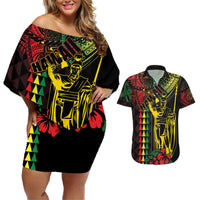 King Kamehameha Day Couples Matching Off Shoulder Short Dress and Hawaiian Shirt Hawaii Kakau Reggae LT01 Black - Polynesian Pride