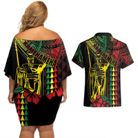 King Kamehameha Day Couples Matching Off Shoulder Short Dress and Hawaiian Shirt Hawaii Kakau Reggae LT01 - Polynesian Pride