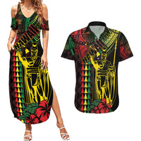 King Kamehameha Day Couples Matching Summer Maxi Dress and Hawaiian Shirt Hawaii Kakau Reggae LT01 Black - Polynesian Pride