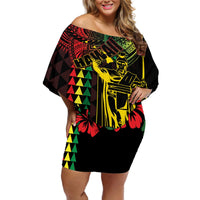 King Kamehameha Day Off Shoulder Short Dress Hawaii Kakau Reggae LT01 Women Black - Polynesian Pride