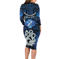 Personalized Maori Matariki Manaia Long Sleeve Bodycon Dress Maori Kowhaiwhai Pattern Galaxy