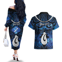 Personalized Maori Matariki Hei Matau Couples Matching Off The Shoulder Long Sleeve Dress and Hawaiian Shirt Maori Kowhaiwhai Pattern Galaxy