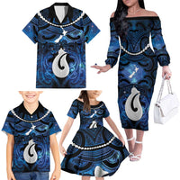 Personalized Maori Matariki Hei Matau Family Matching Off The Shoulder Long Sleeve Dress and Hawaiian Shirt Maori Kowhaiwhai Pattern Galaxy