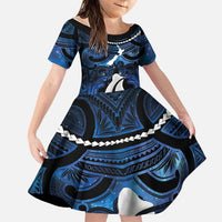 Personalized Maori Matariki Hei Matau Family Matching Off Shoulder Short Dress and Hawaiian Shirt Maori Kowhaiwhai Pattern Galaxy LT01 Daughter's Dress Blue - Polynesian Pride